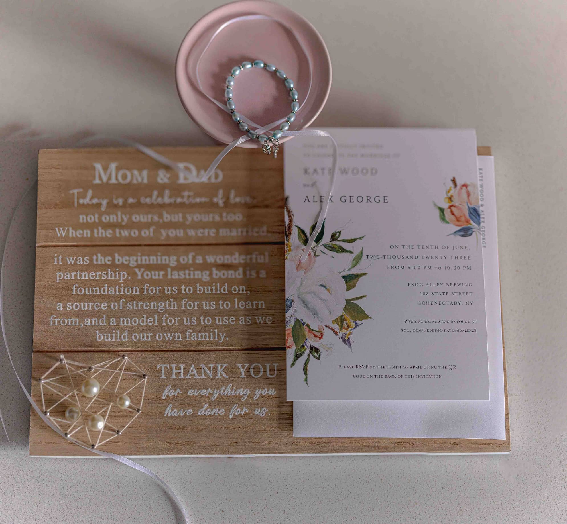 Wedding Invitation suite flatlay with bridal details and engagement ring Wedding Photography