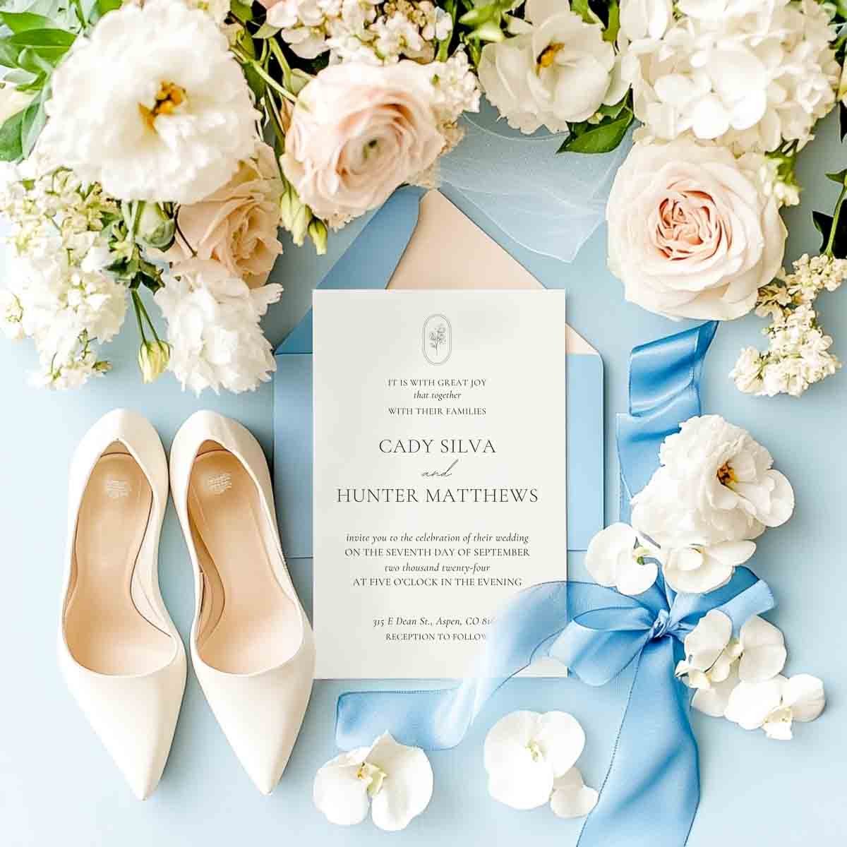 wedding day details. Elegant wedding flat lay with blue ribbons, white flowers, and wedding invitation for Cady and Hunter.