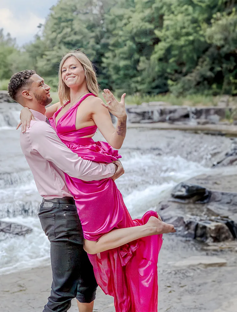 Joyful Surprise Engagement at Monitor Mills Falls captured by engagement proposal planner, LT² Photography