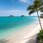 Pristine view of Lanikai Beach in Oahu, Hawaii with turquoise water, white sand, and the Mokulua Islands in the distance