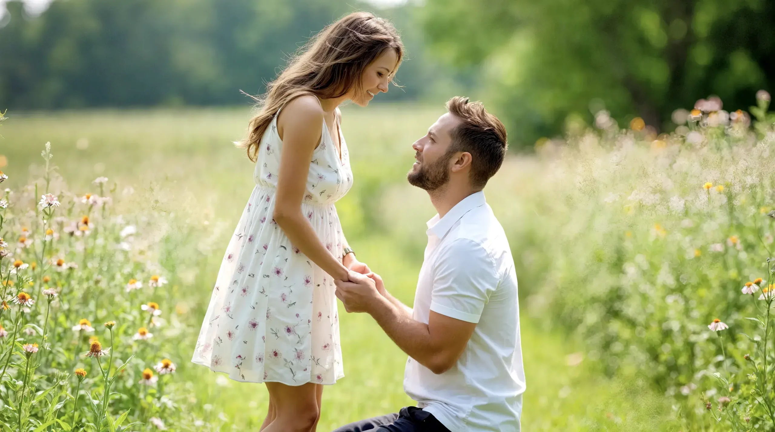 Marriage Proposal Planning Services. Man kneeling to propose to woman in a wildflower field during a surprise secret proposal.